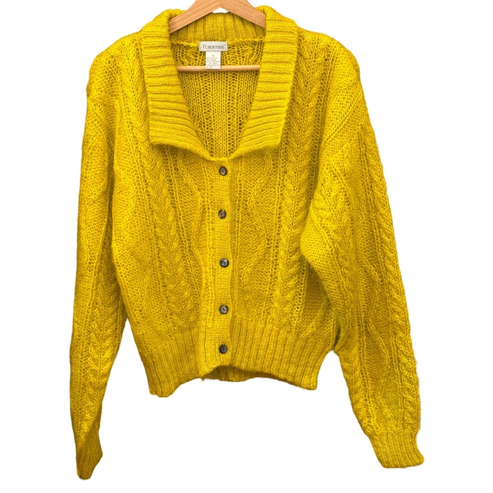 Vintage Turquoise Mohair Cardigan Chunky Knit Citron Retro Fuzzy Sweater Winter